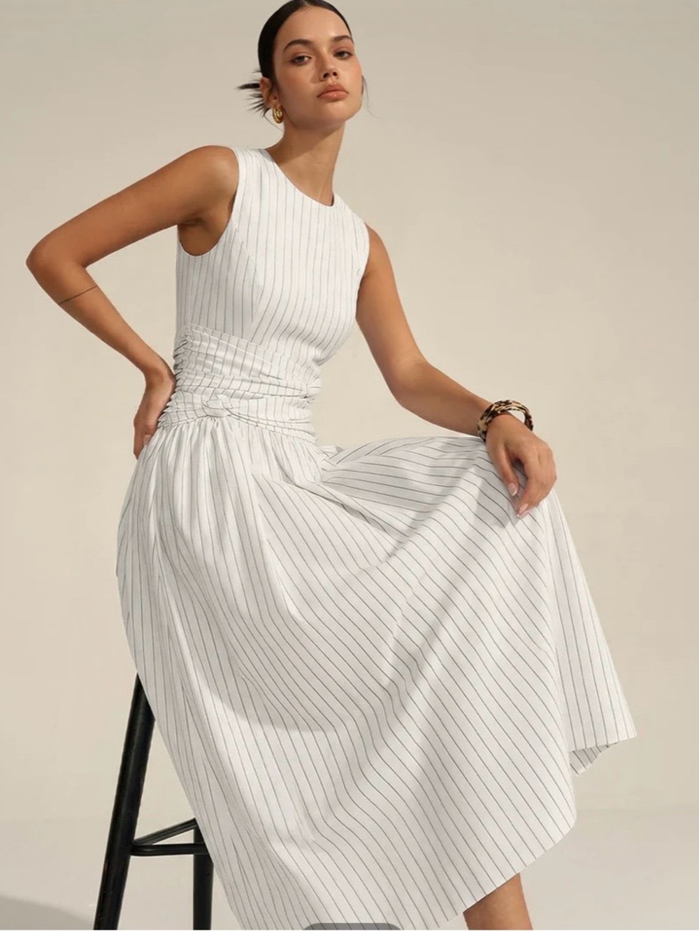 Sleeveless Brown  Pinstripe Runched Maxi Dress - Picture 3 of 9